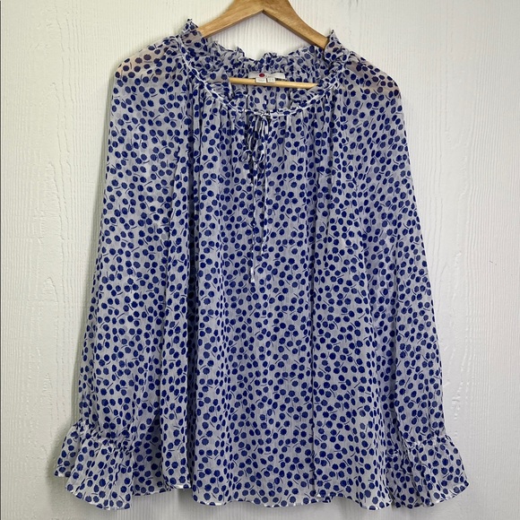 Boden - Florence Blue And White Floral Ruffle Long Sleeve  Mesh Blouse Size 12 - Picture 7 of 10
